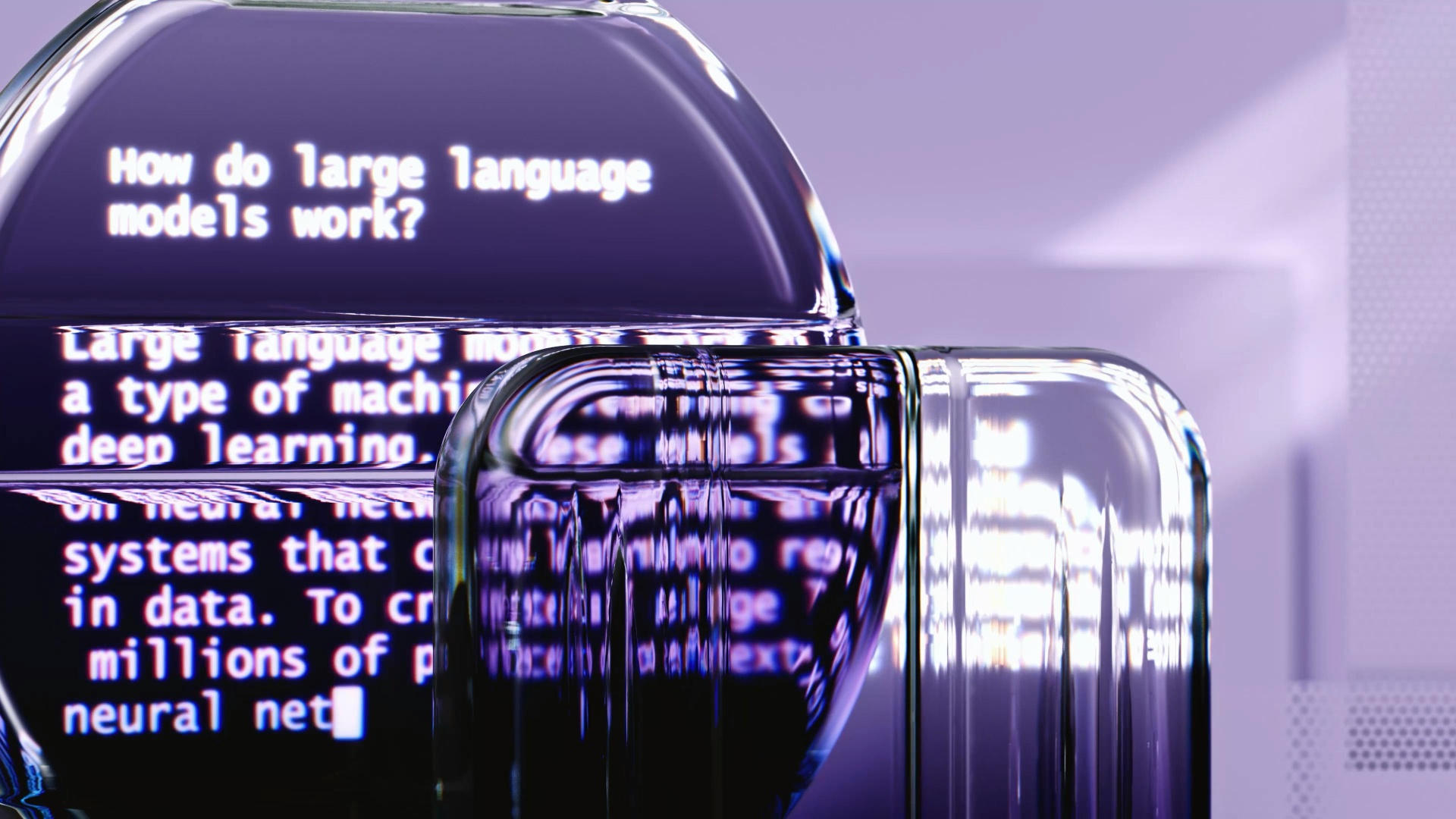 Large language model rendering a typed answer through a glass prism